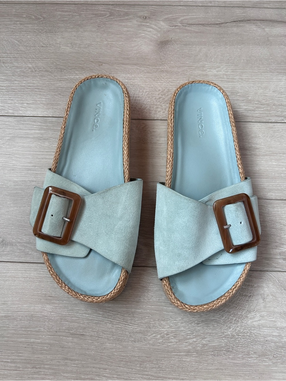 Vince Grant Light Blue Suede Buckle Slide Sandals